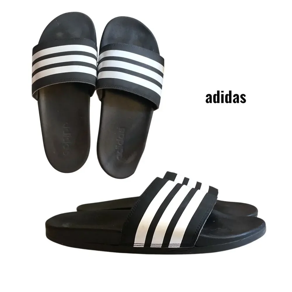 Adidas Sandals Men’s Size 8 Black White Striped Slip on Athlete‎ Sport Shower